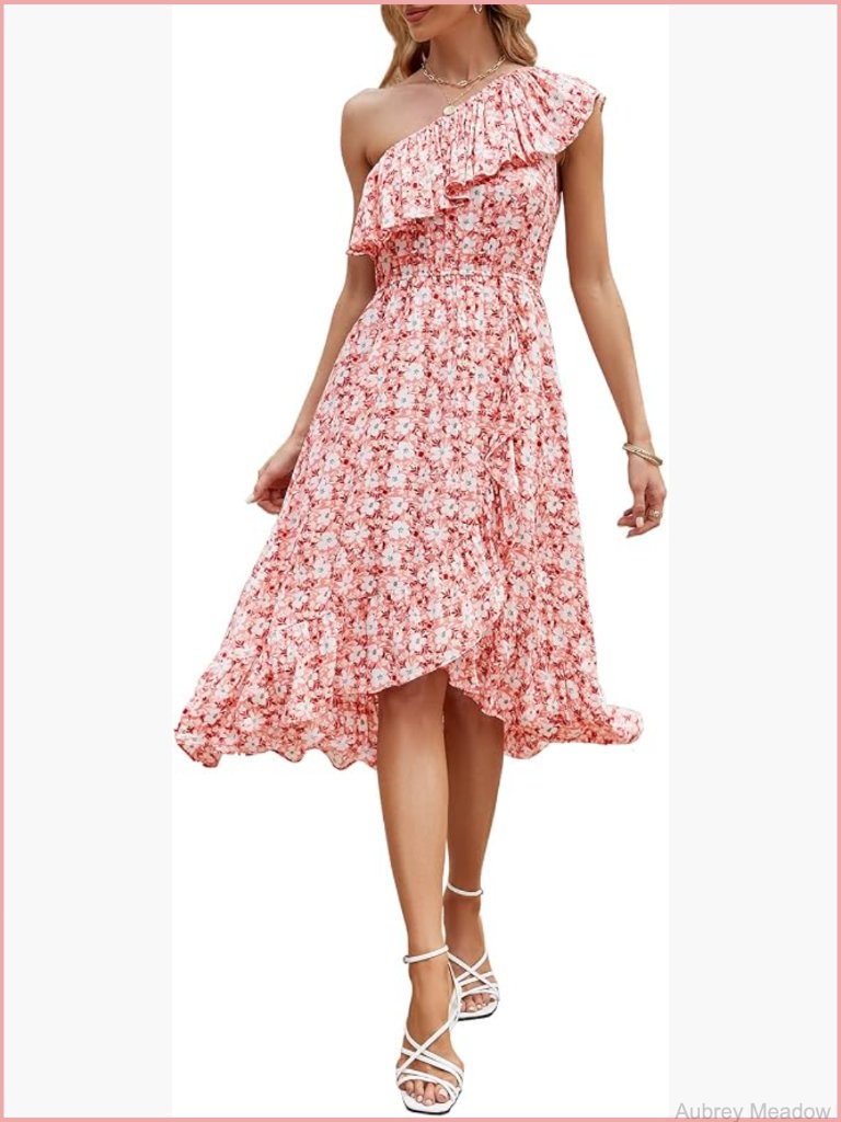 One Shoulder Midi Dress Sleeveless Summer Ruffle Boho Floral High Low A-Line